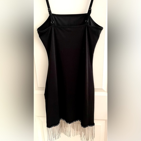 SHEIN Black Fitted Mini Dress with Rhinestone Fringe and Spaghetti Straps sz M/6 - Picture 2 of 7